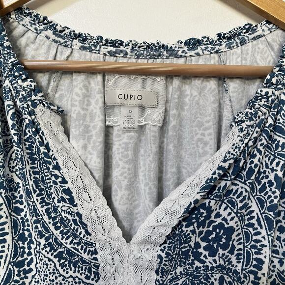 Cupio Womens Paisley Lace Trim Peasant Top Size 1X Blue Stretch Boho Cottage - Picture 7 of 9